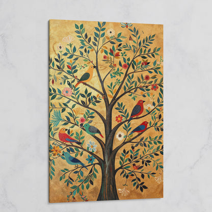 Tree of Life with Birds Canvas Print in Gold and Teal on gallery wrap