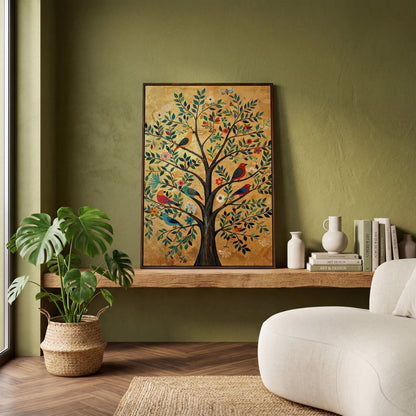 Tree of Life with Birds Canvas Print in Gold and Teal in dark walnut floating frame
