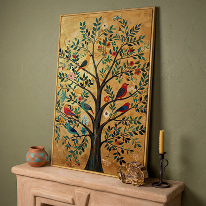 Tree of Life with Birds Canvas Print in Gold and Teal in white oak floating frame