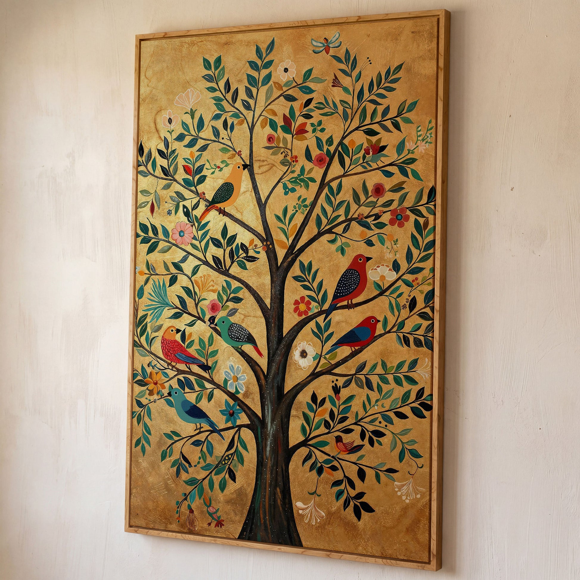 Tree of Life with Birds Canvas Print in Gold and Teal shown in white oak floating frame