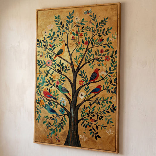 Tree of Life with Birds Canvas Print in Gold and Teal shown in white oak floating frame