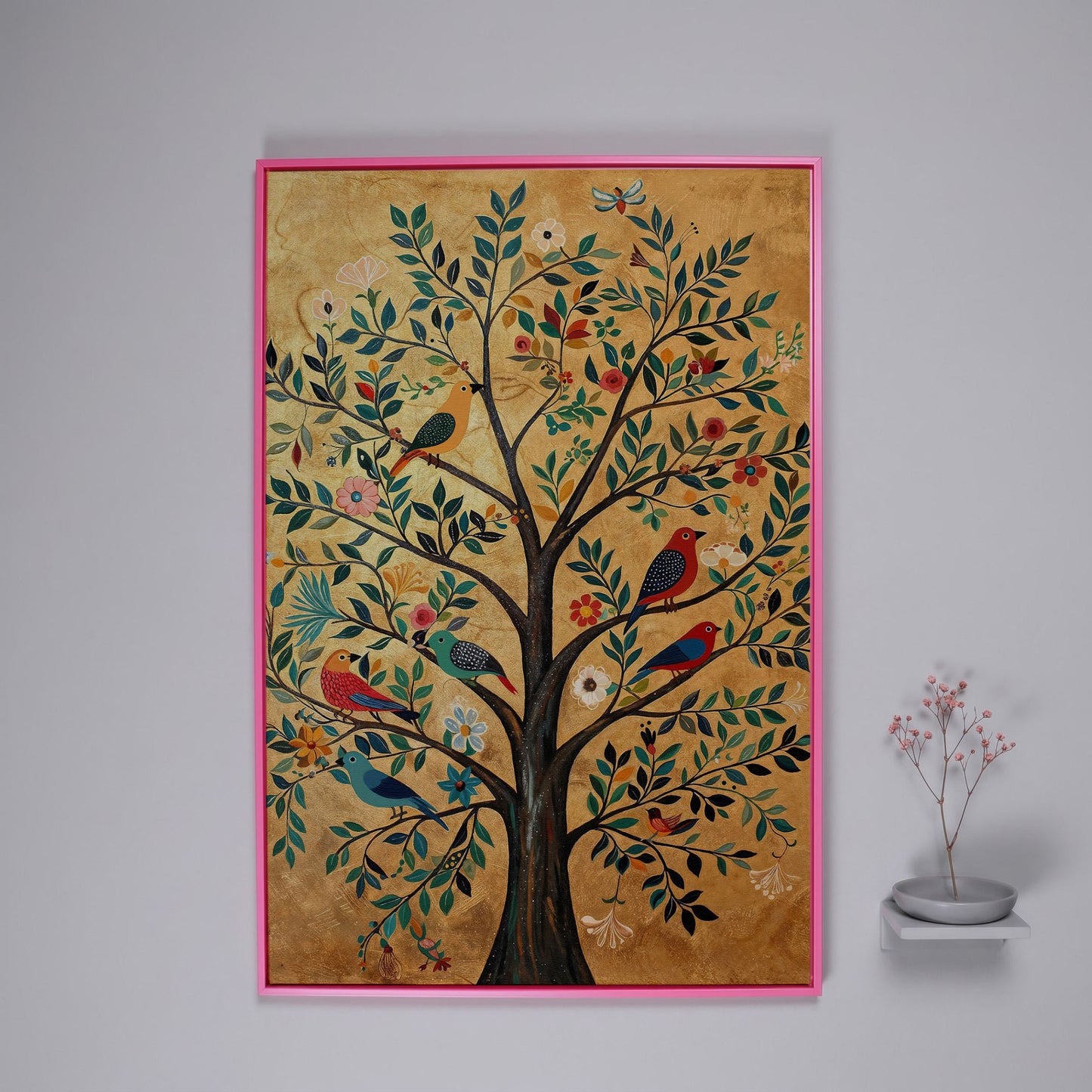 Tree of Life with Birds Canvas Print in Gold and Teal in pink floating frame