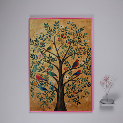 Tree of Life with Birds Canvas Print in Gold and Teal in pink floating frame