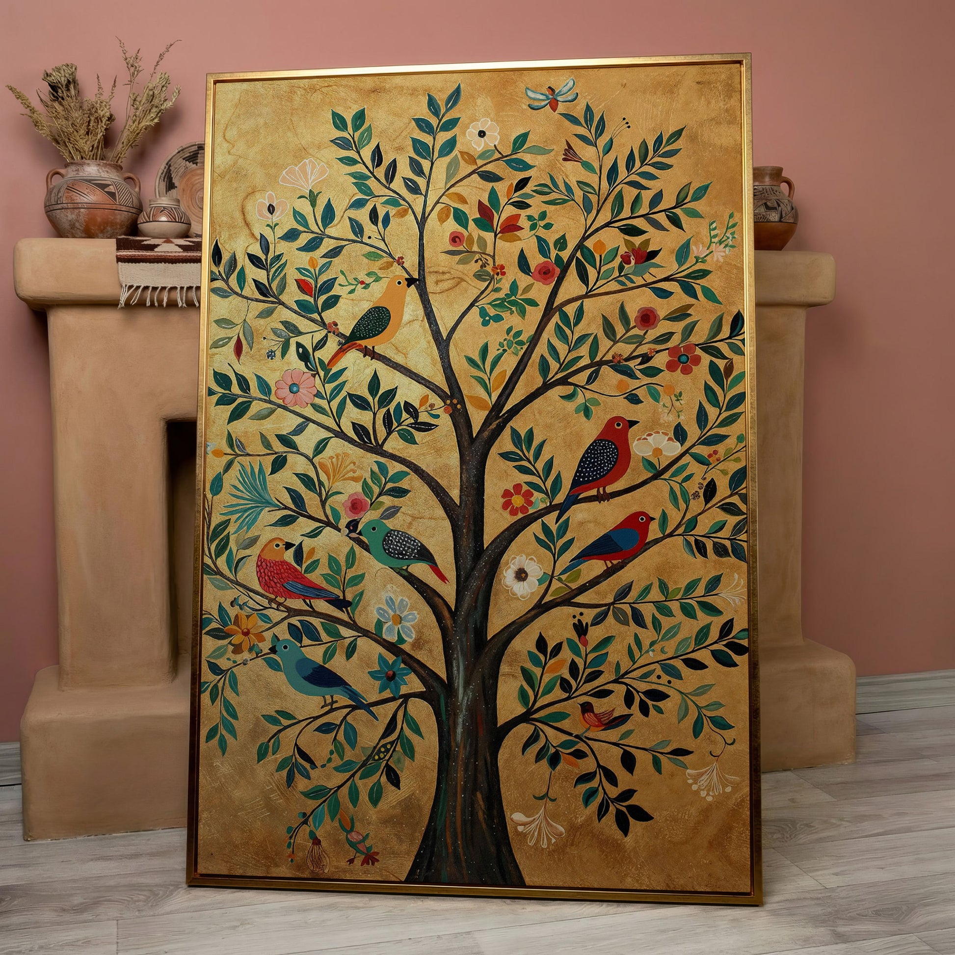 Tree of Life with Birds Canvas Print in Gold and Teal in rose gold floating frame