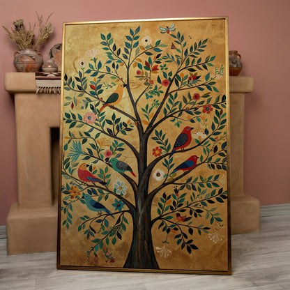 Tree of Life with Birds Canvas Print in Gold and Teal in rose gold floating frame