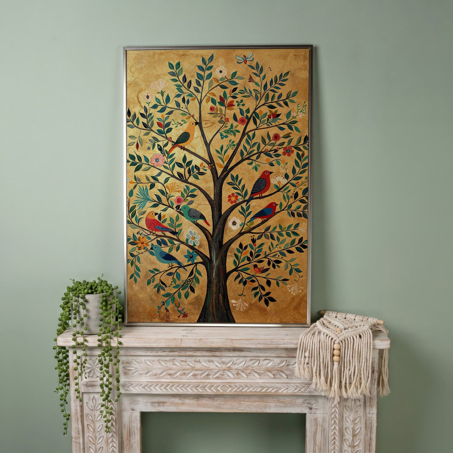 Tree of Life with Birds Canvas Print in Gold and Teal in silver floating frame