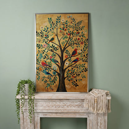 Tree of Life with Birds Canvas Print in Gold and Teal in silver floating frame