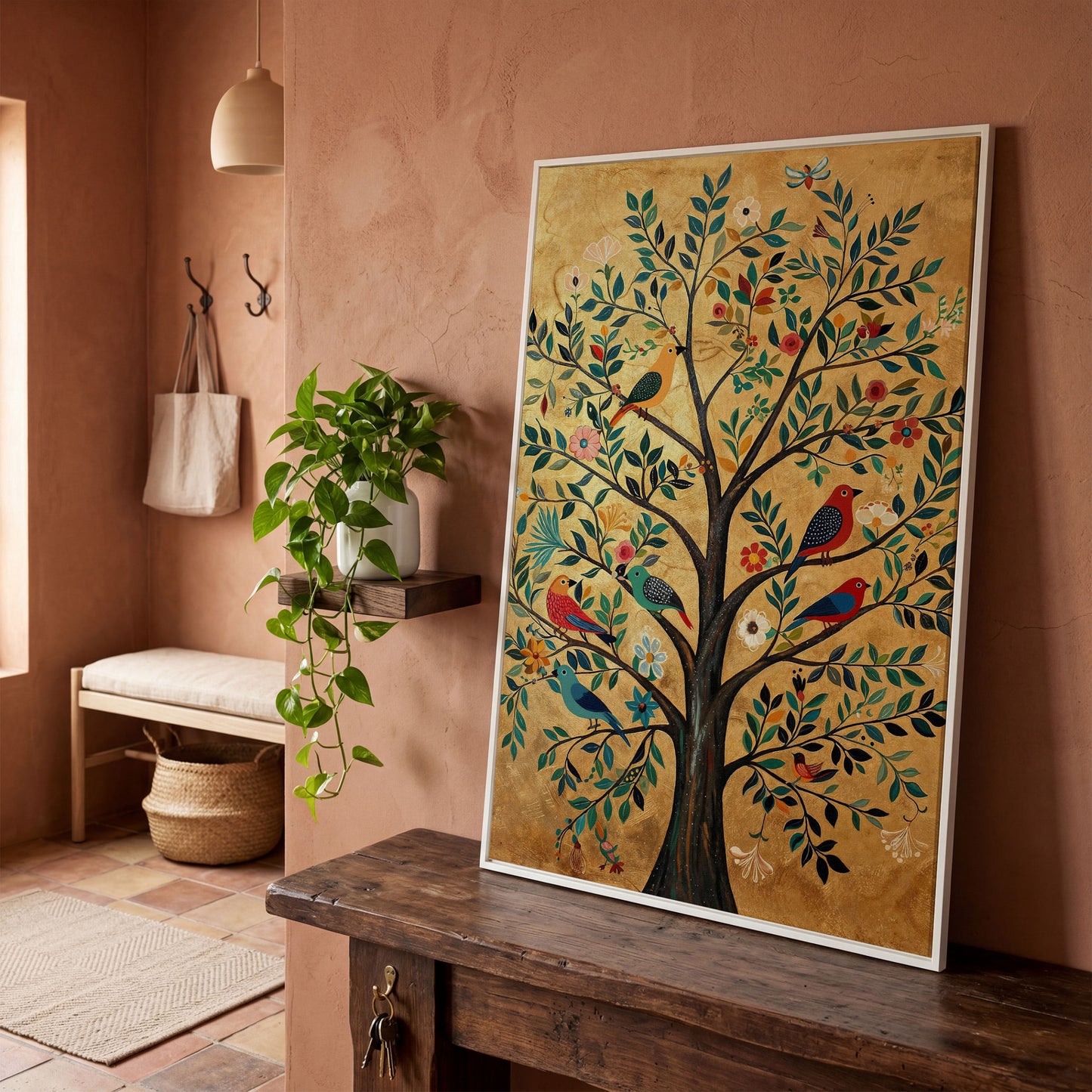 Tree of Life with Birds Canvas Print in Gold and Teal in white floating frame