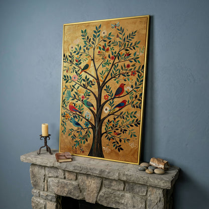 Tree of Life with Birds Canvas Print in Gold and Teal in yellow gold floating frame
