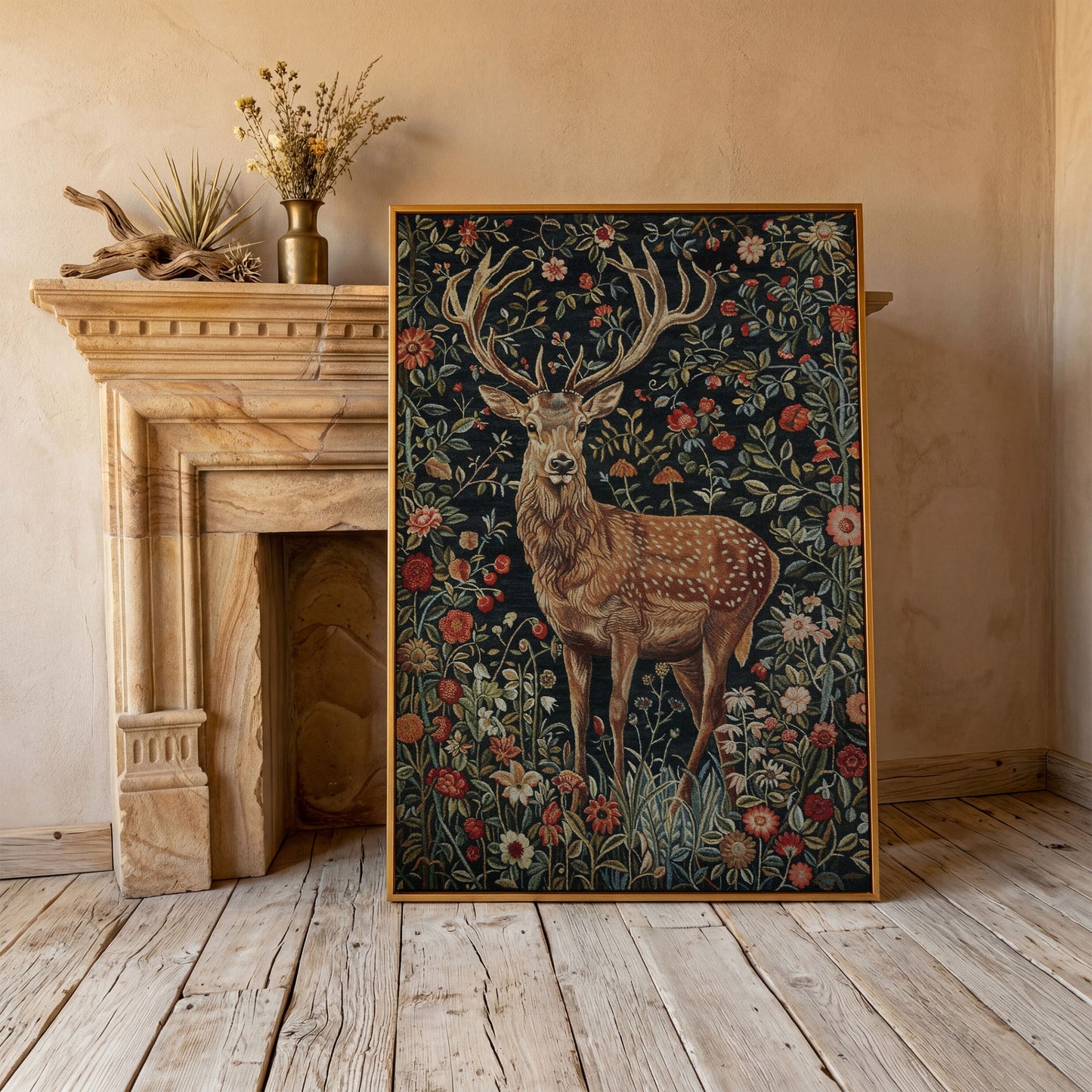 Majestic Stag with Bohemian Florals Canvas Print in antique gold floating frame