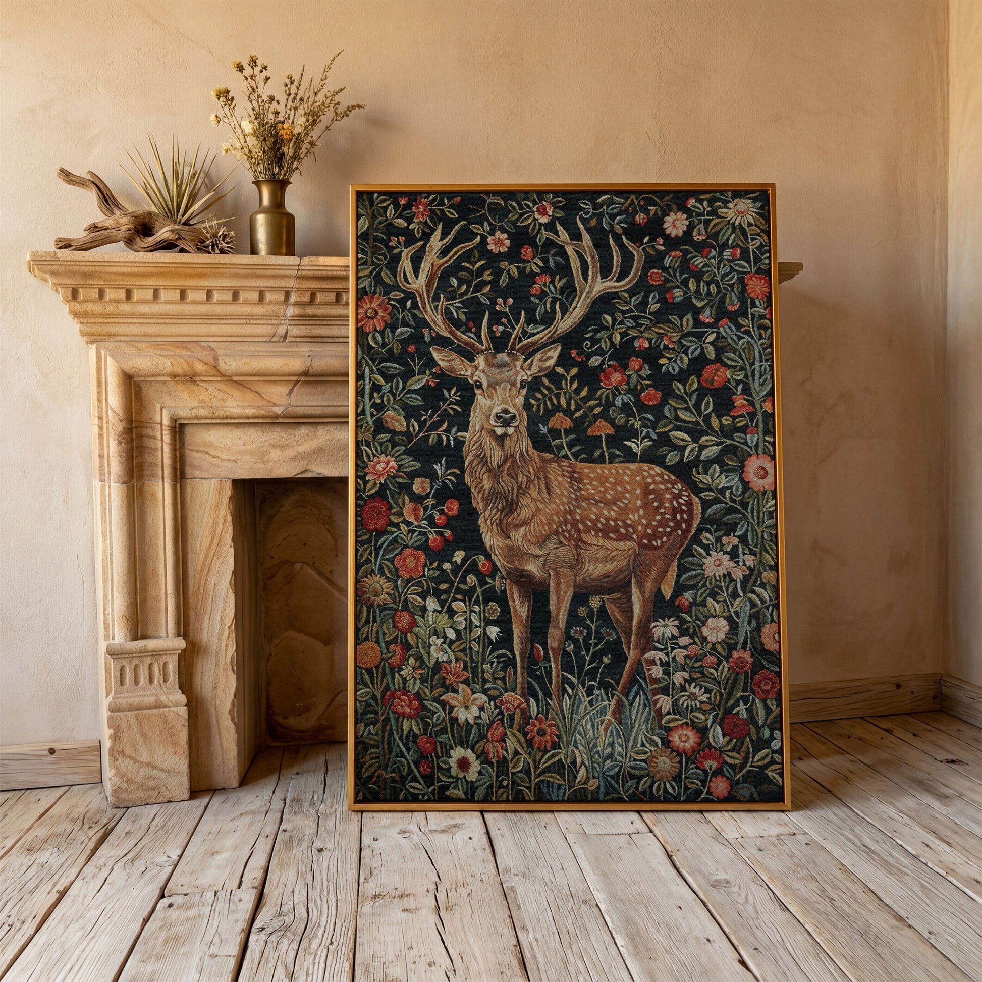 Majestic Stag with Bohemian Florals Canvas Print in antique gold floating frame