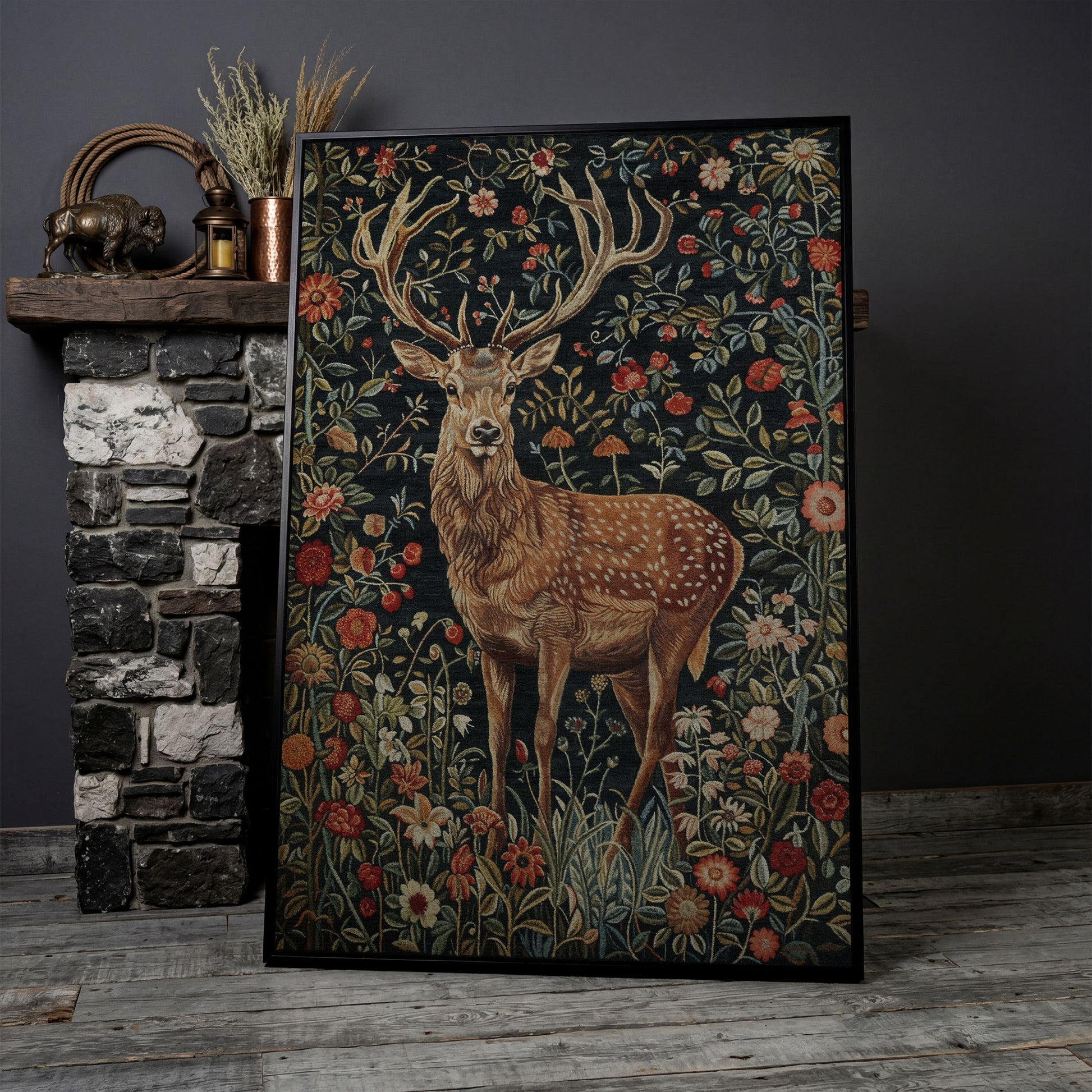 Majestic Stag with Bohemian Florals Canvas Print in black floating frame