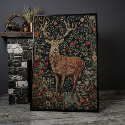 Majestic Stag with Bohemian Florals Canvas Print in black floating frame