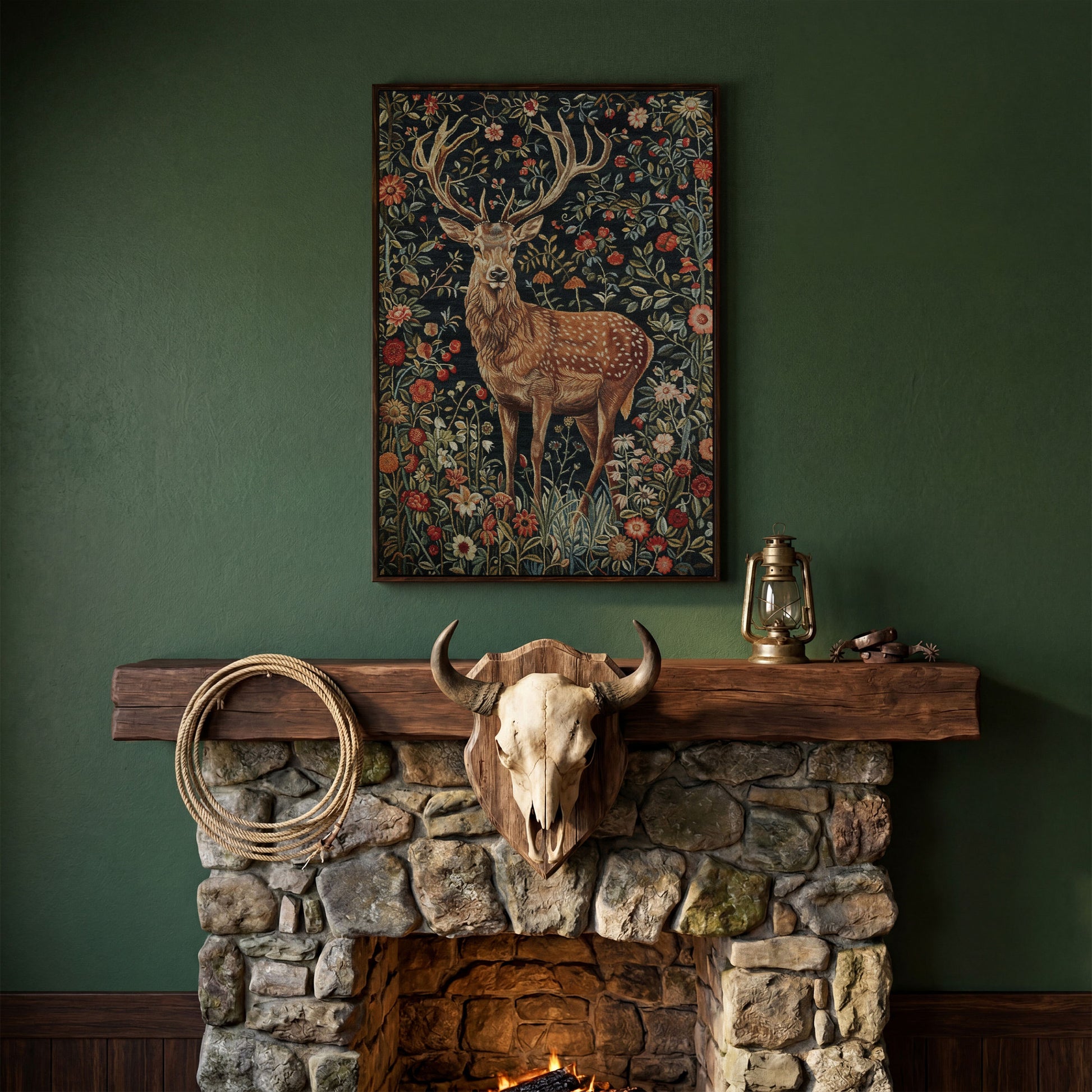 Majestic Stag with Bohemian Florals Canvas Print in dark walnut floating frame