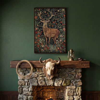 Majestic Stag with Bohemian Florals Canvas Print in dark walnut floating frame