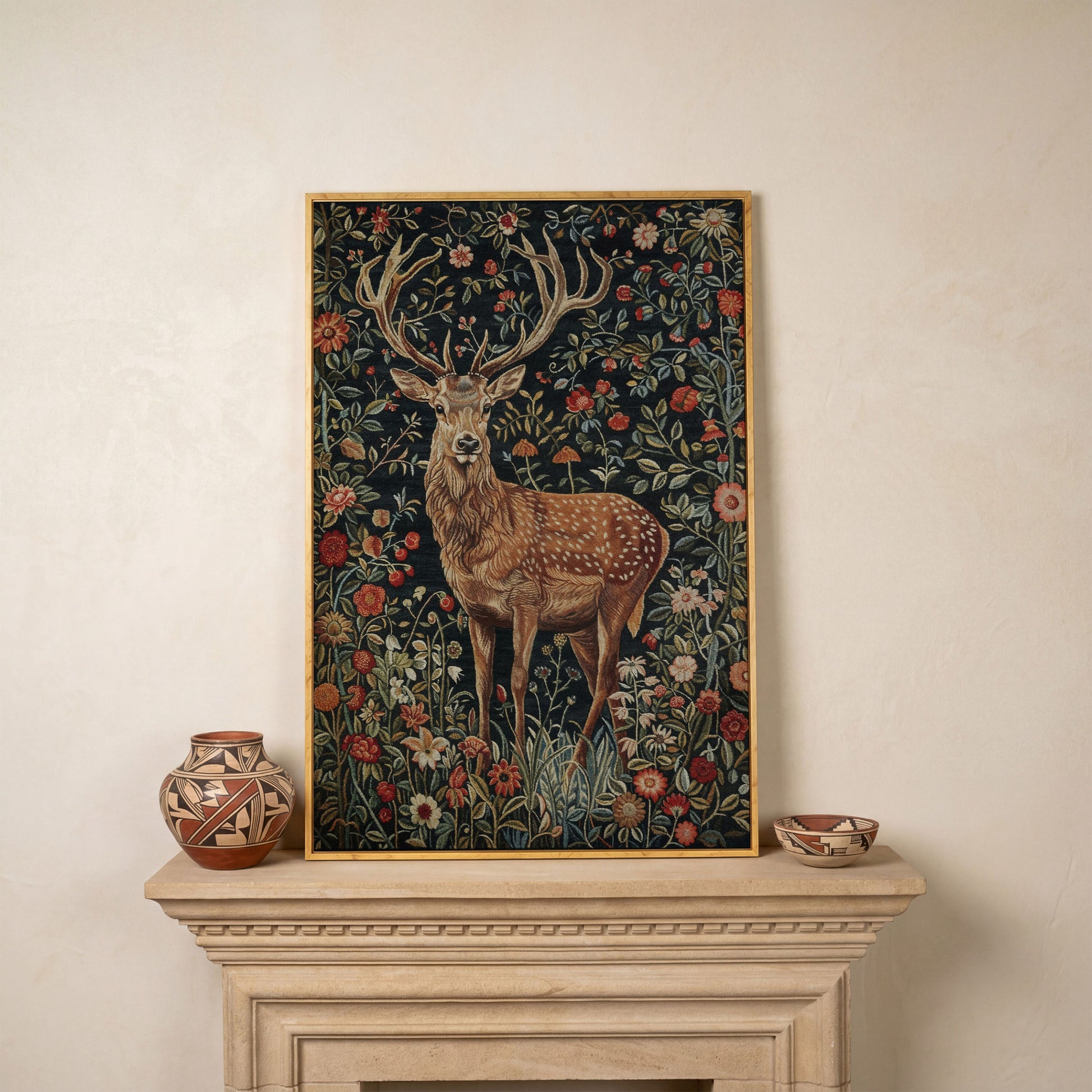 Majestic Stag with Bohemian Florals Canvas Print in white oak floating frame