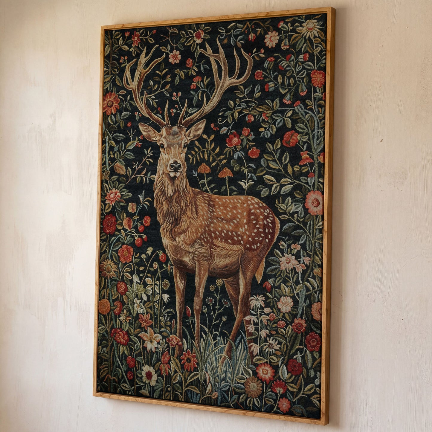 Majestic Stag with Bohemian Florals Canvas Print shown in white oak floating frame