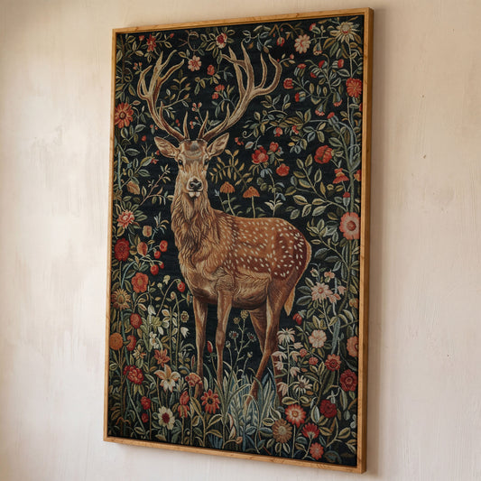 Majestic Stag with Bohemian Florals Canvas Print shown in white oak floating frame
