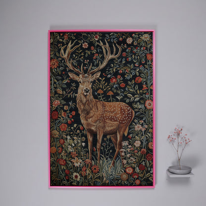 Majestic Stag with Bohemian Florals Canvas Print in pink floating frame