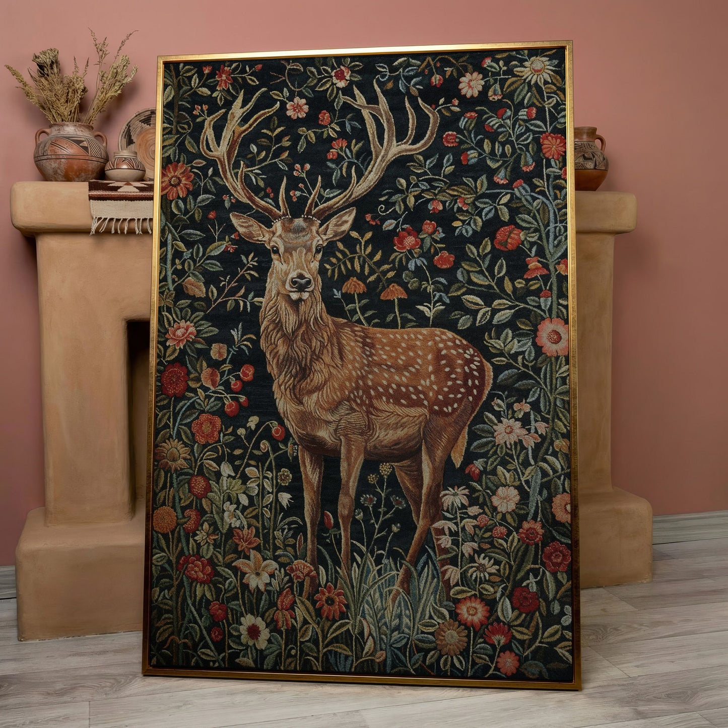 Majestic Stag with Bohemian Florals Canvas Print in rose gold floating frame