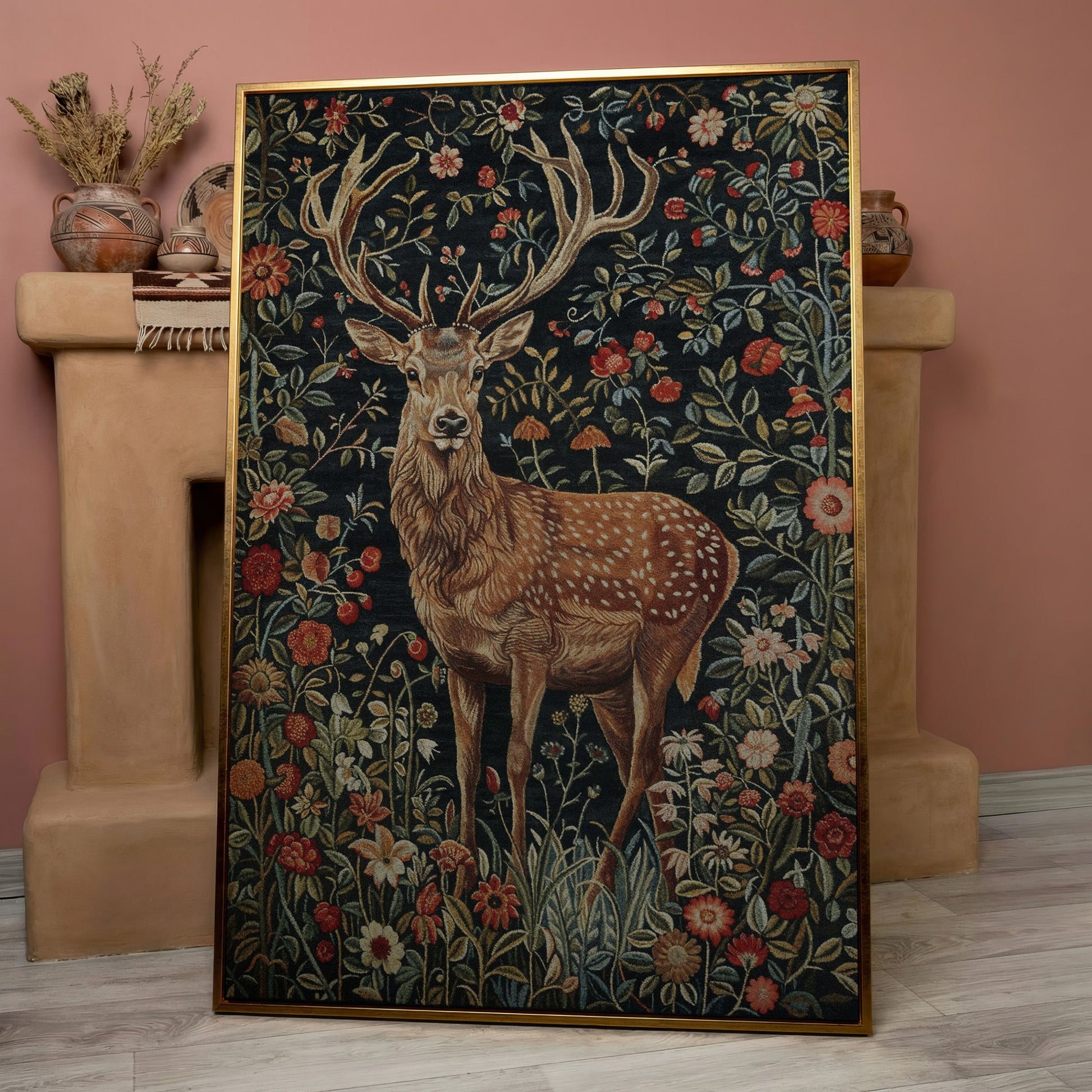 Majestic Stag with Bohemian Florals Canvas Print in rose gold floating frame