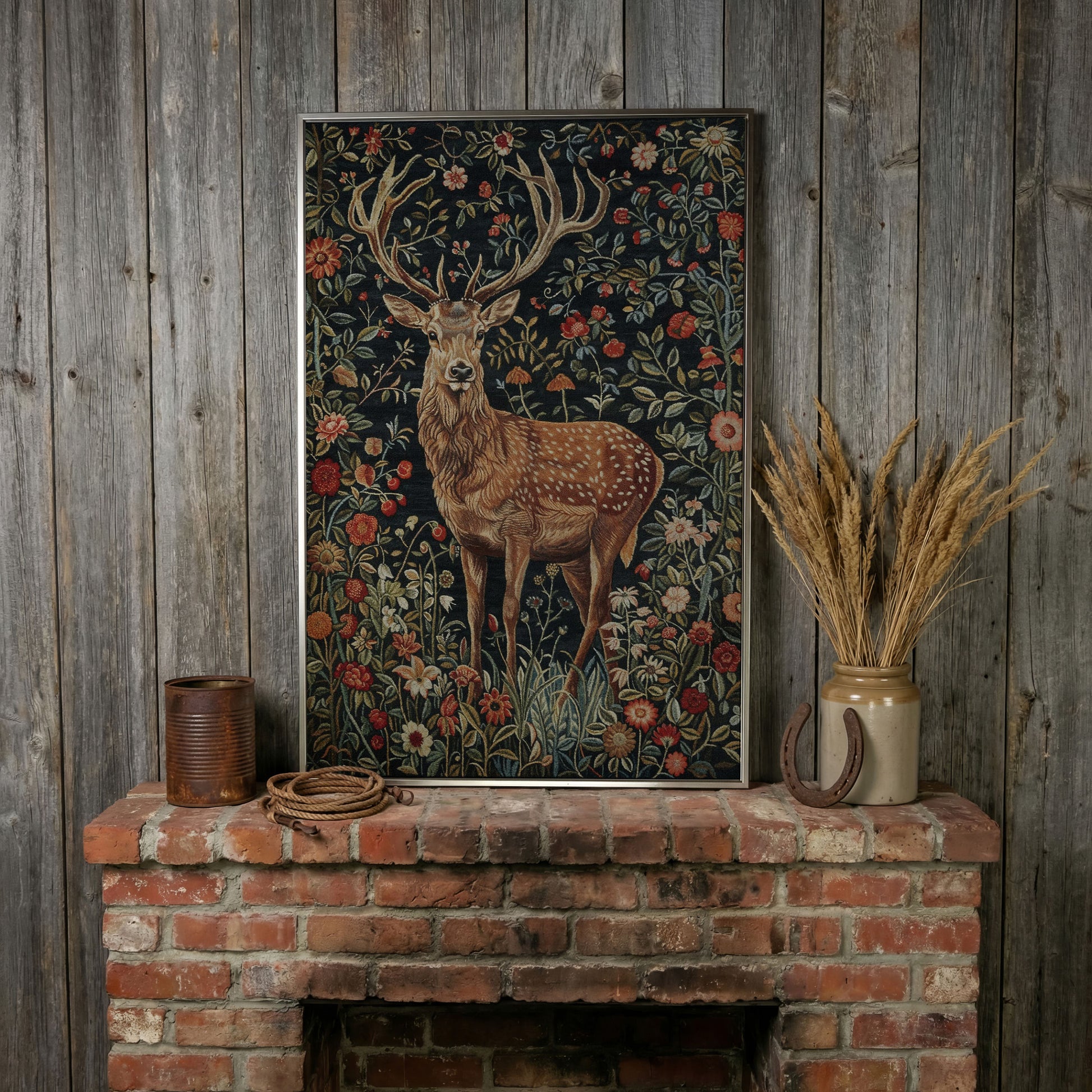 Majestic Stag with Bohemian Florals Canvas Print in silver floating frame