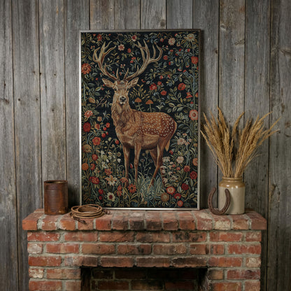 Majestic Stag with Bohemian Florals Canvas Print in silver floating frame