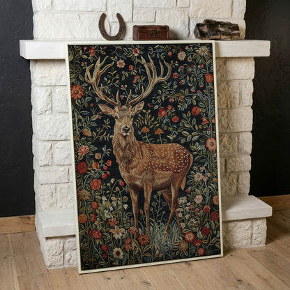 Majestic Stag with Bohemian Florals Canvas Print in white floating frame