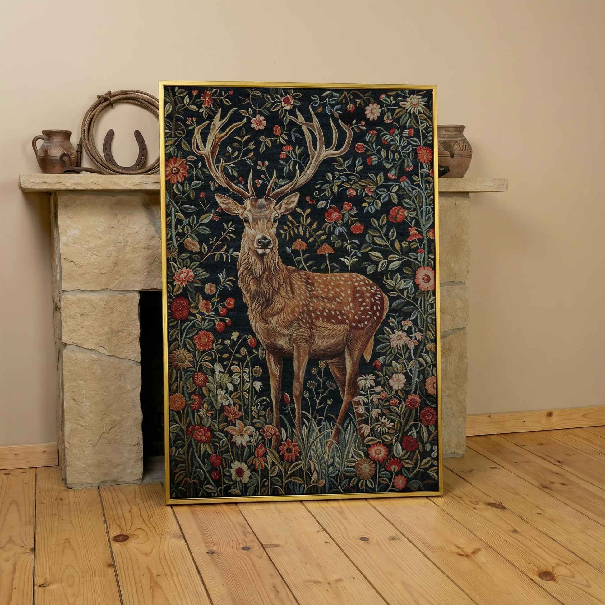 Majestic Stag with Bohemian Florals Canvas Print in yellow gold floating frame