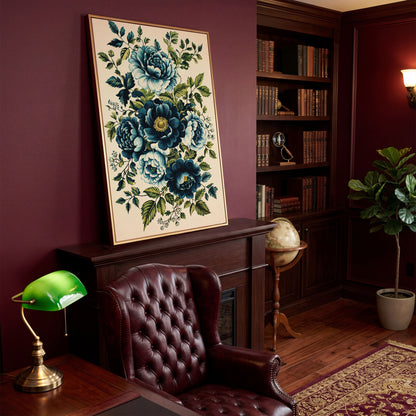 Blue Peonies & Foliage Canvas Print in antique gold floating frame
