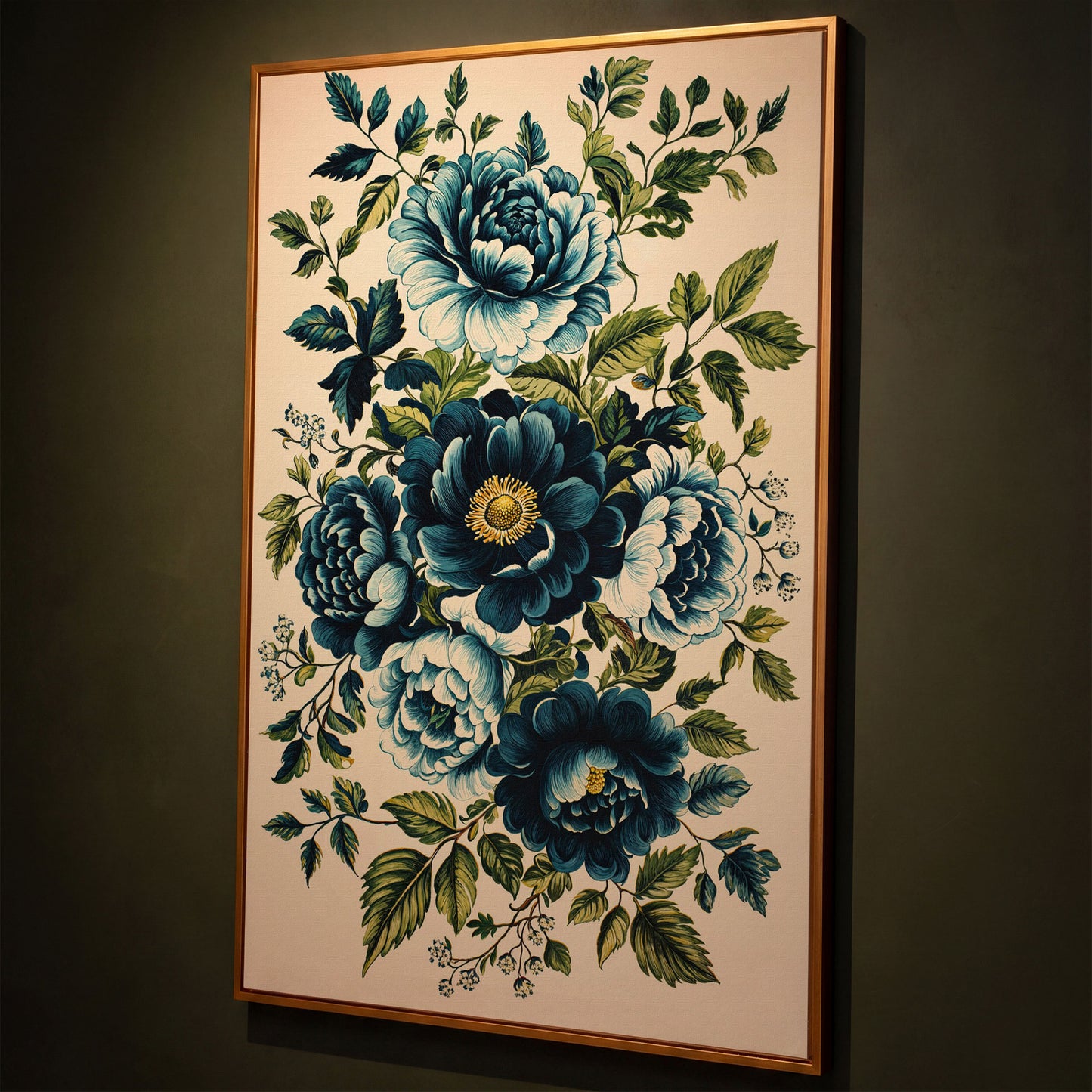 Blue Peonies & Foliage Canvas Print shown in antique gold floating frame