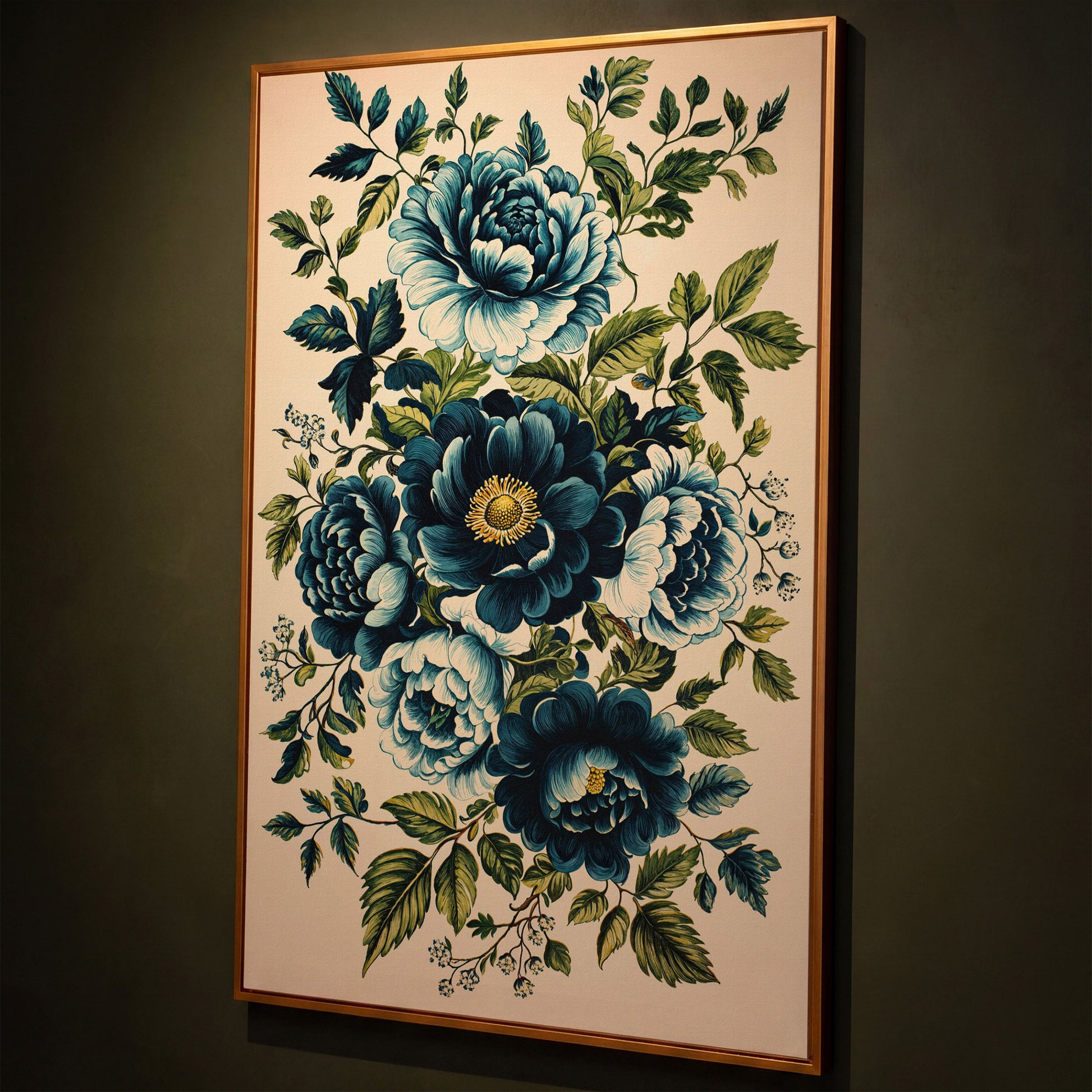 Blue Peonies & Foliage Canvas Print shown in antique gold floating frame