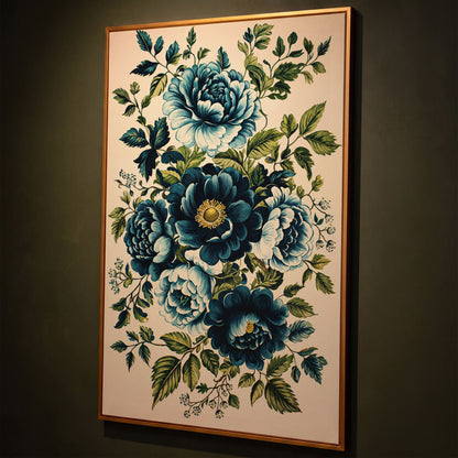 Blue Peonies & Foliage Canvas Print shown in antique gold floating frame