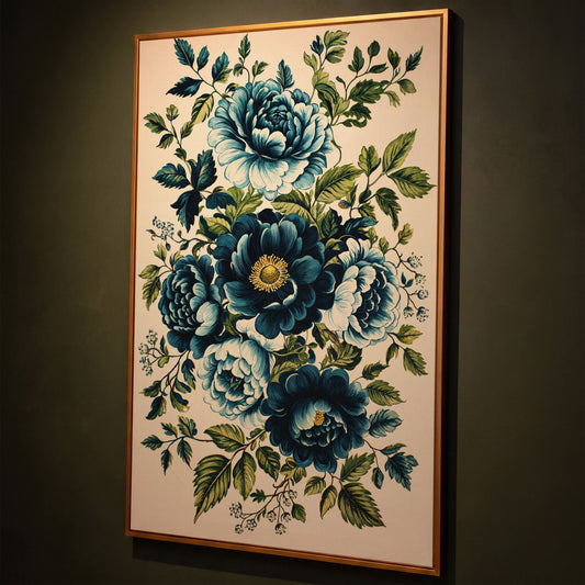 Blue Peonies & Foliage Canvas Print shown in antique gold floating frame