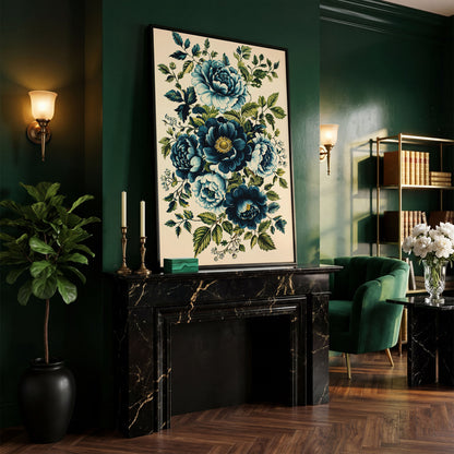 Blue Peonies & Foliage Canvas Print in black floating frame