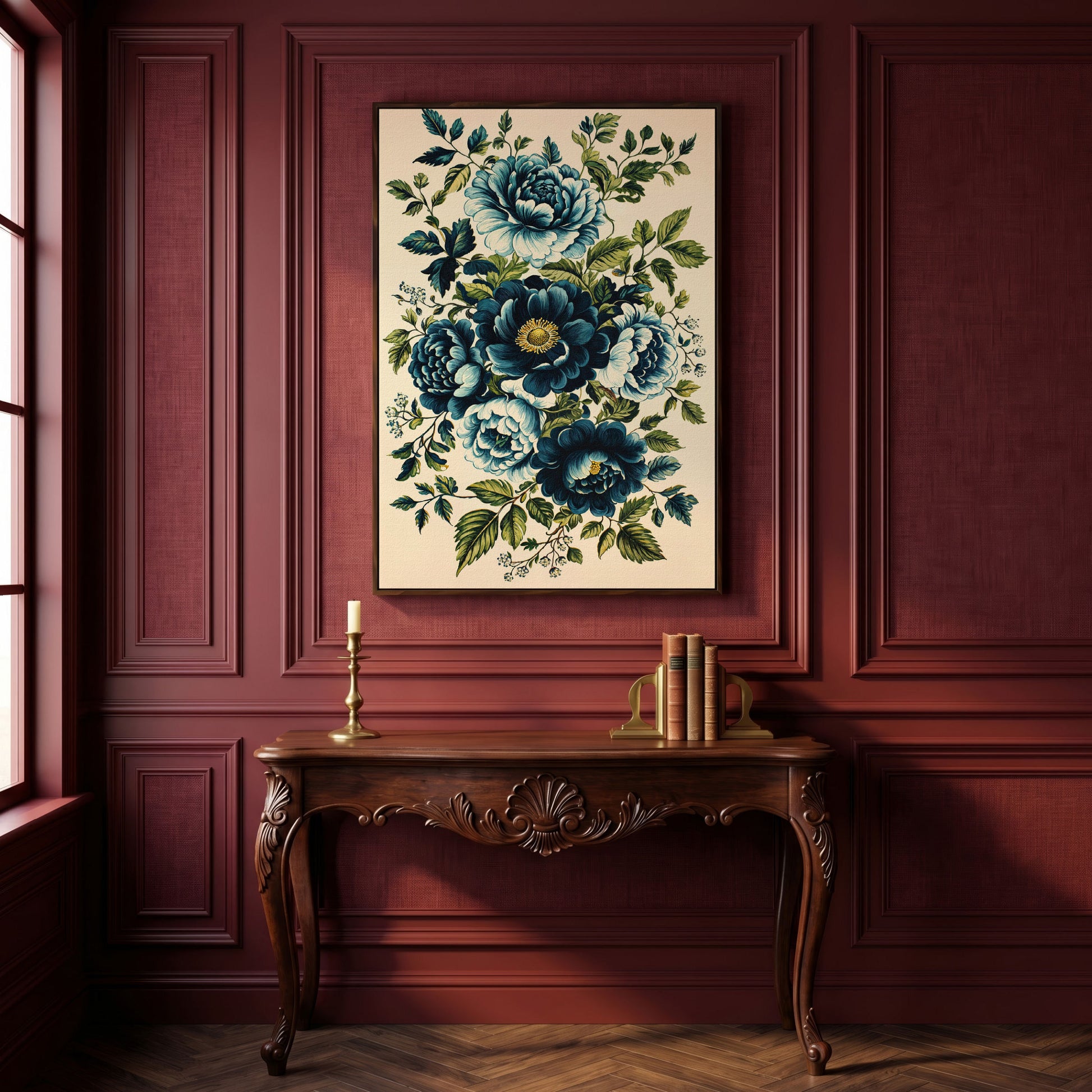 Blue Peonies & Foliage Canvas Print in dark walnut floating frame
