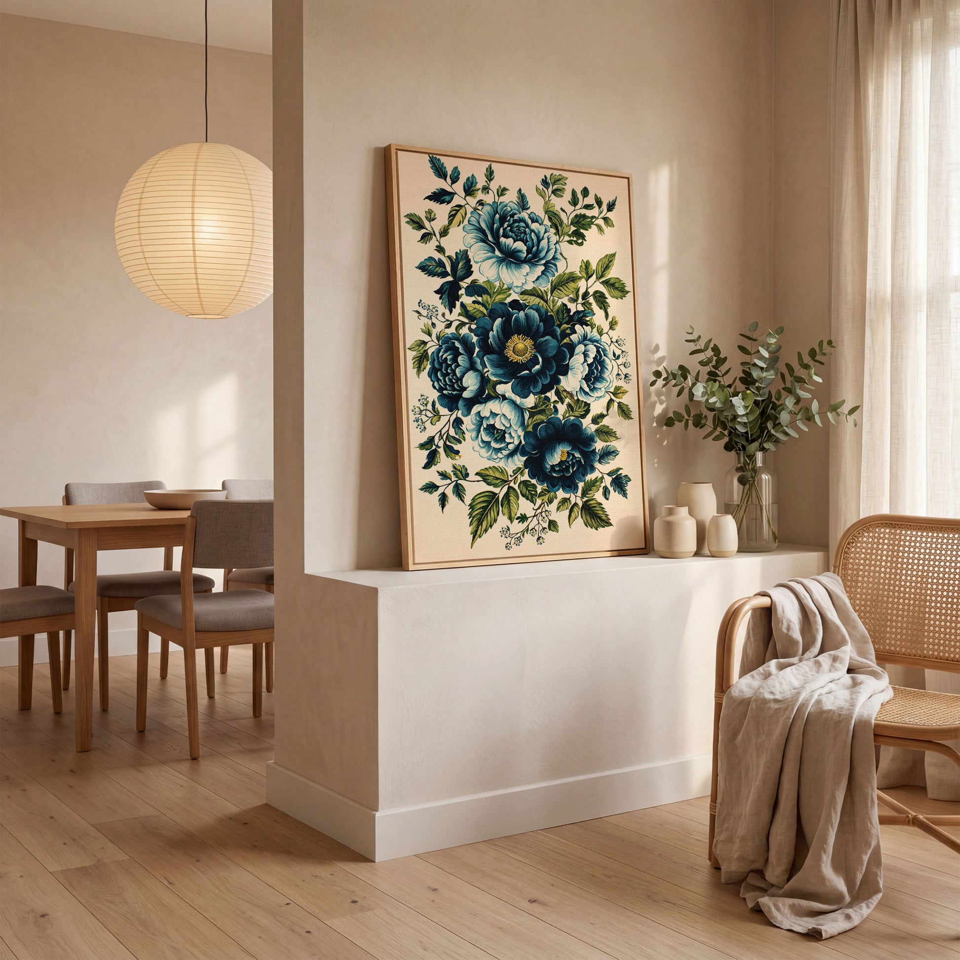 Blue Peonies & Foliage Canvas Print in white oak floating frame