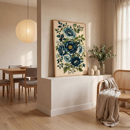 Blue Peonies & Foliage Canvas Print in white oak floating frame