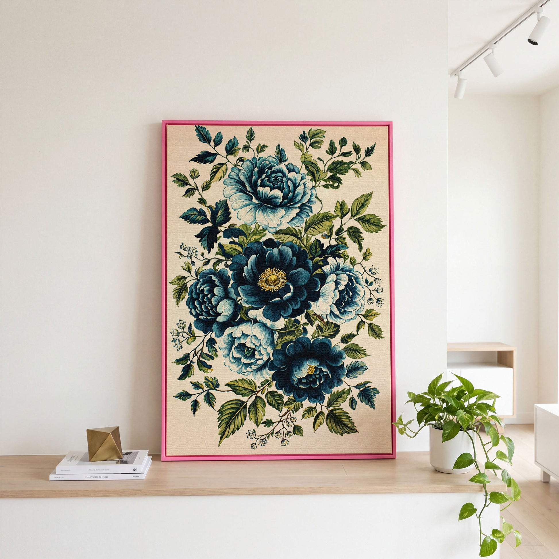 Blue Peonies & Foliage Canvas Print in pink floating frame