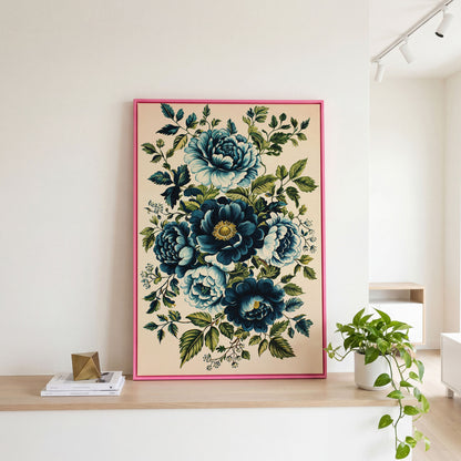 Blue Peonies & Foliage Canvas Print in pink floating frame