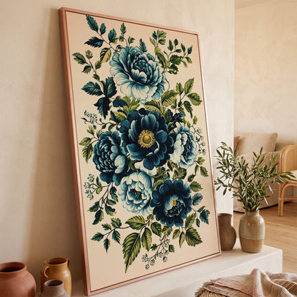 Blue Peonies & Foliage Canvas Print in rose gold floating frame