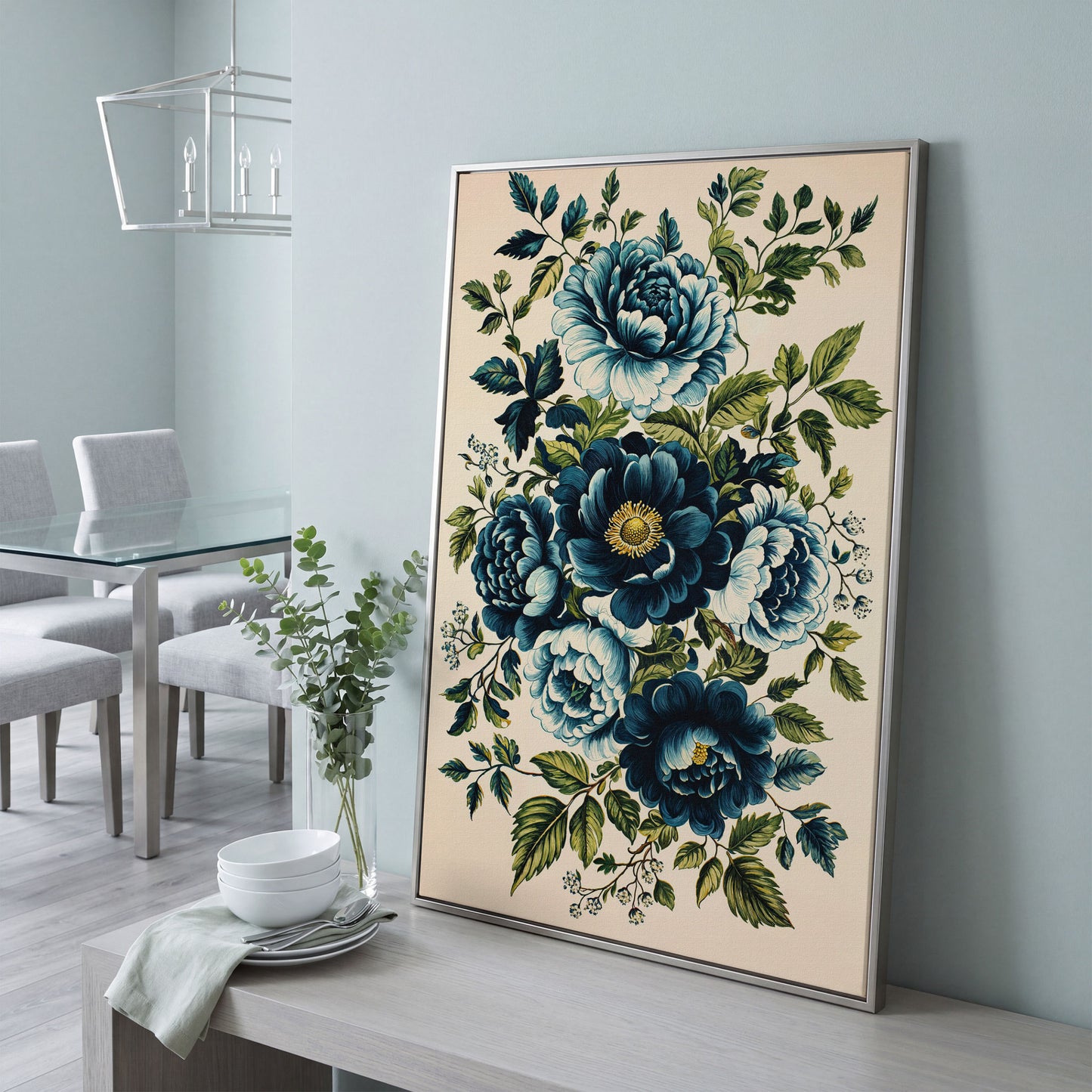 Blue Peonies & Foliage Canvas Print in silver floating frame