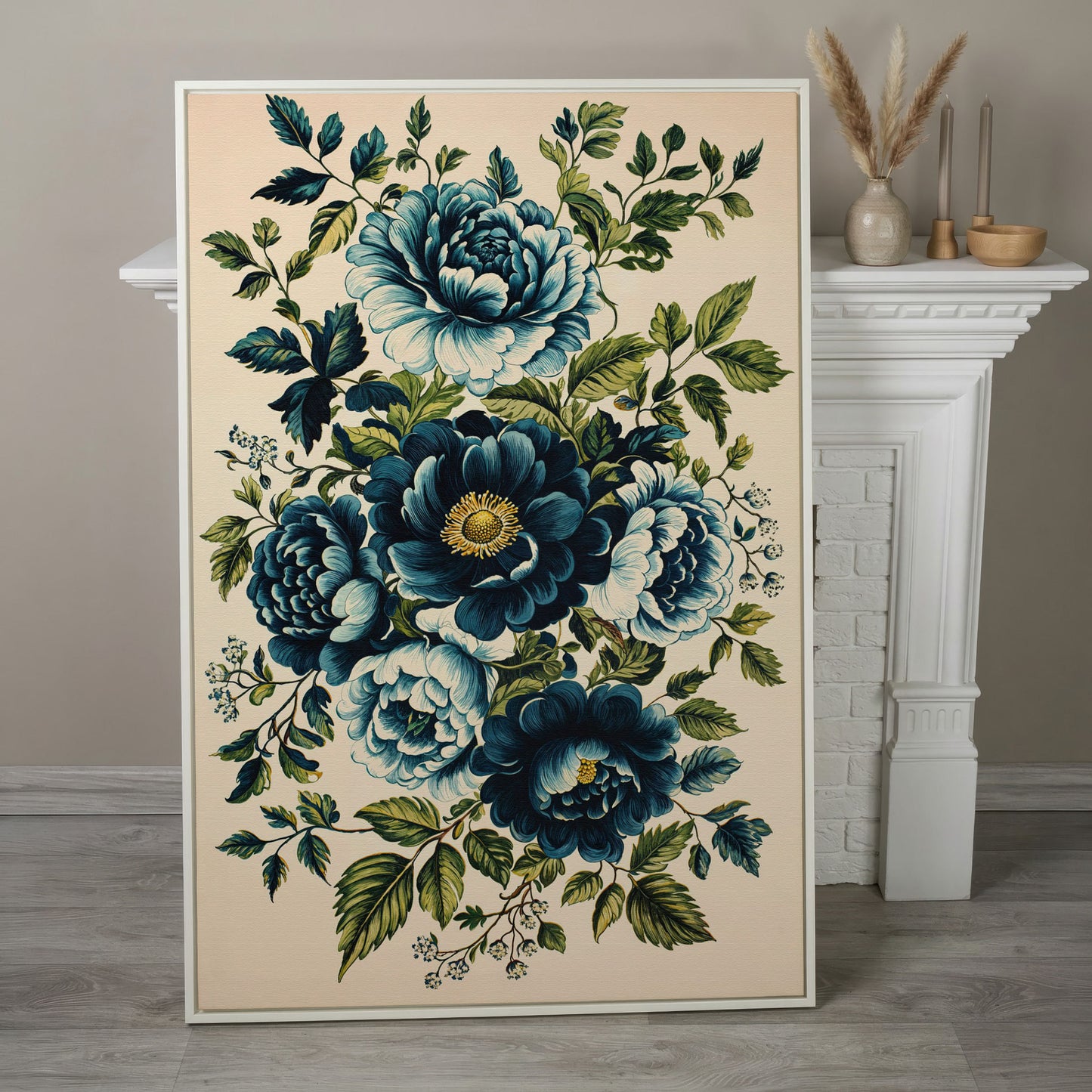 Blue Peonies & Foliage Canvas Print in white floating frame