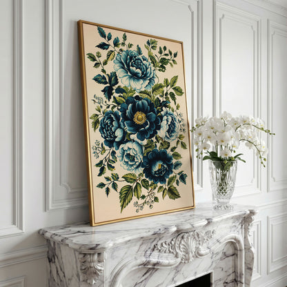 Blue Peonies & Foliage Canvas Print in yellow gold floating frame