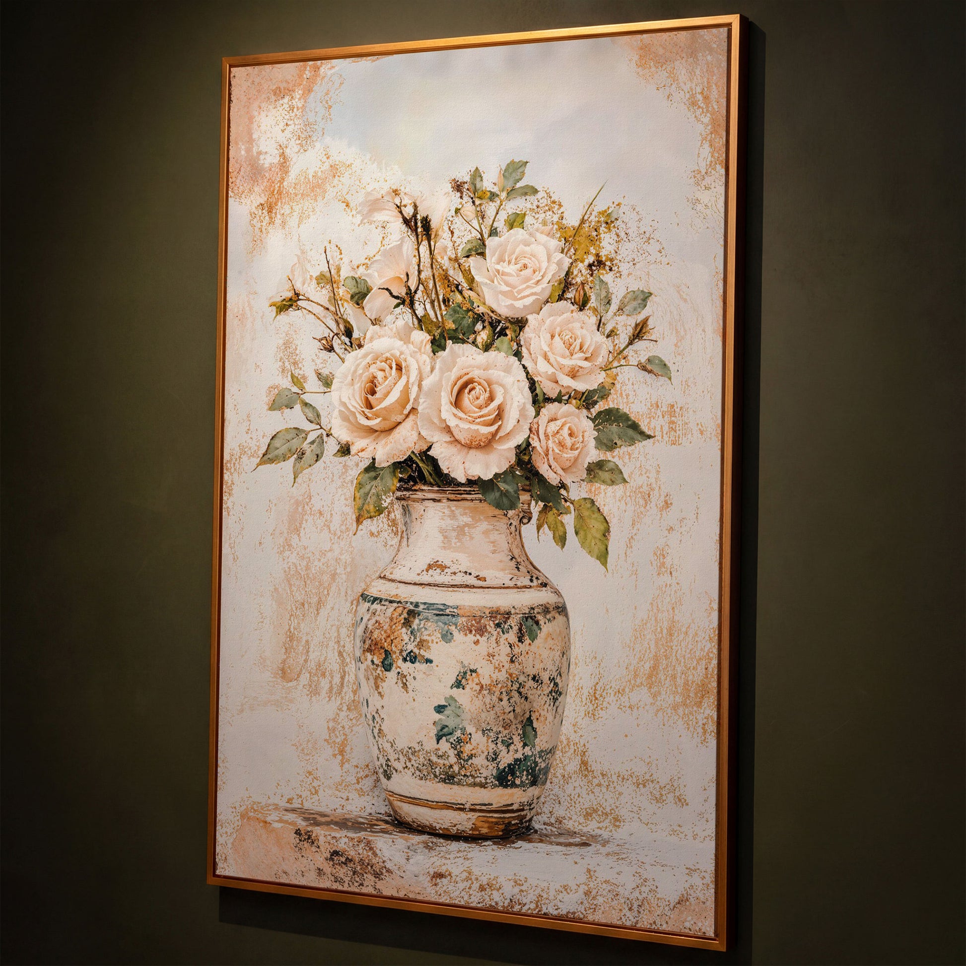 Roses in a Vase Canvas Print. Vintage Floral Still Life Wall Art shown in antique gold floating frame