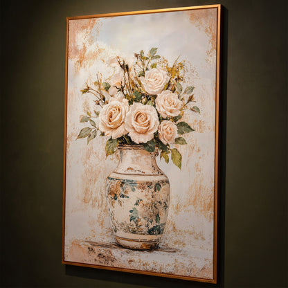 Roses in a Vase Canvas Print. Vintage Floral Still Life Wall Art shown in antique gold floating frame