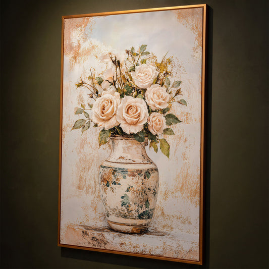 Roses in a Vase Canvas Print. Vintage Floral Still Life Wall Art shown in antique gold floating frame