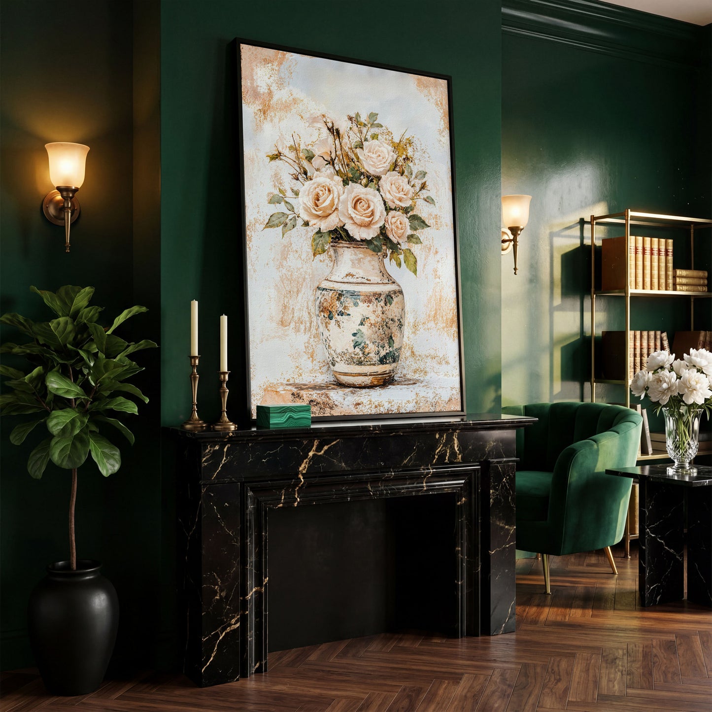 Roses in a Vase Canvas Print. Vintage Floral Still Life Wall Art in black floating frame