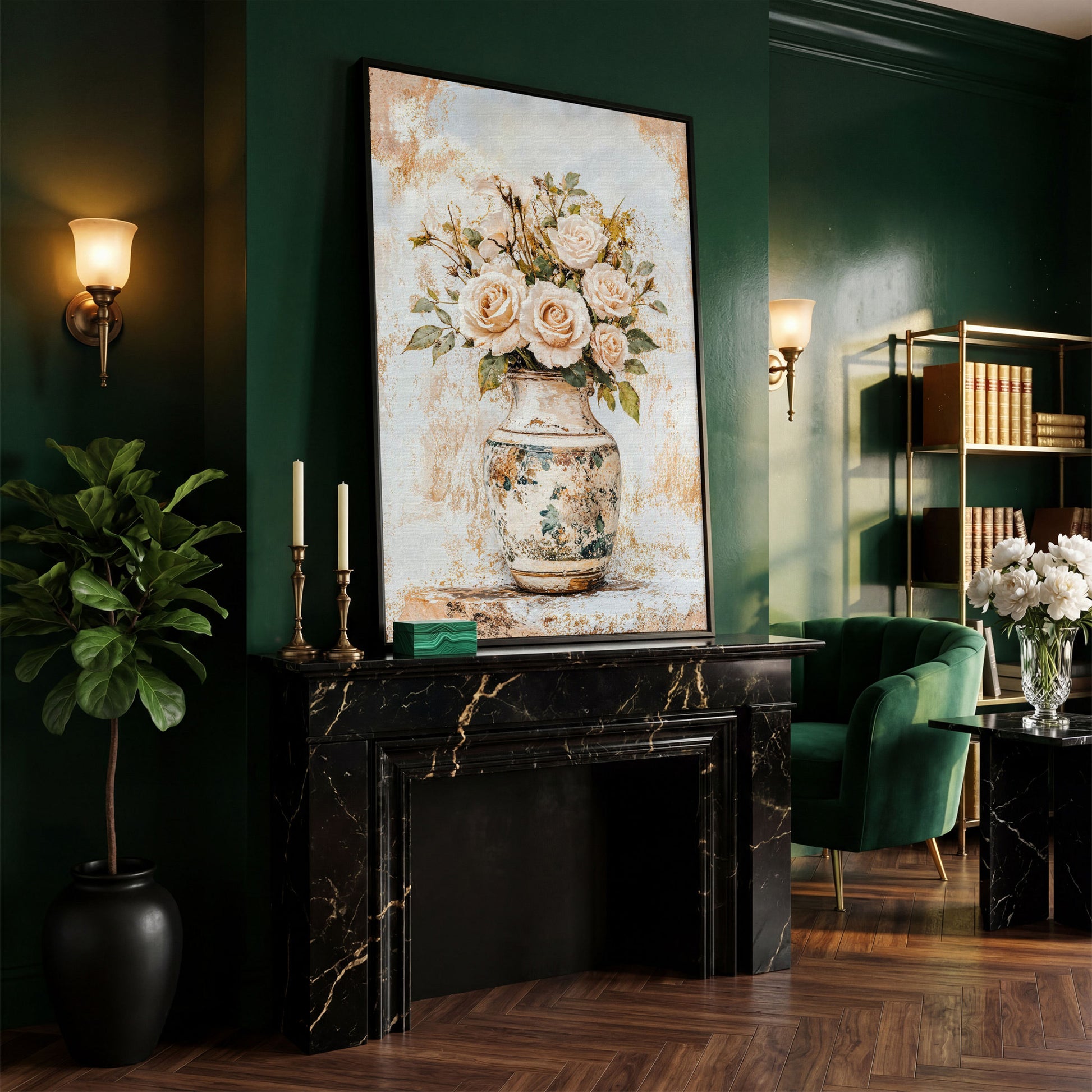 Roses in a Vase Canvas Print. Vintage Floral Still Life Wall Art in black floating frame