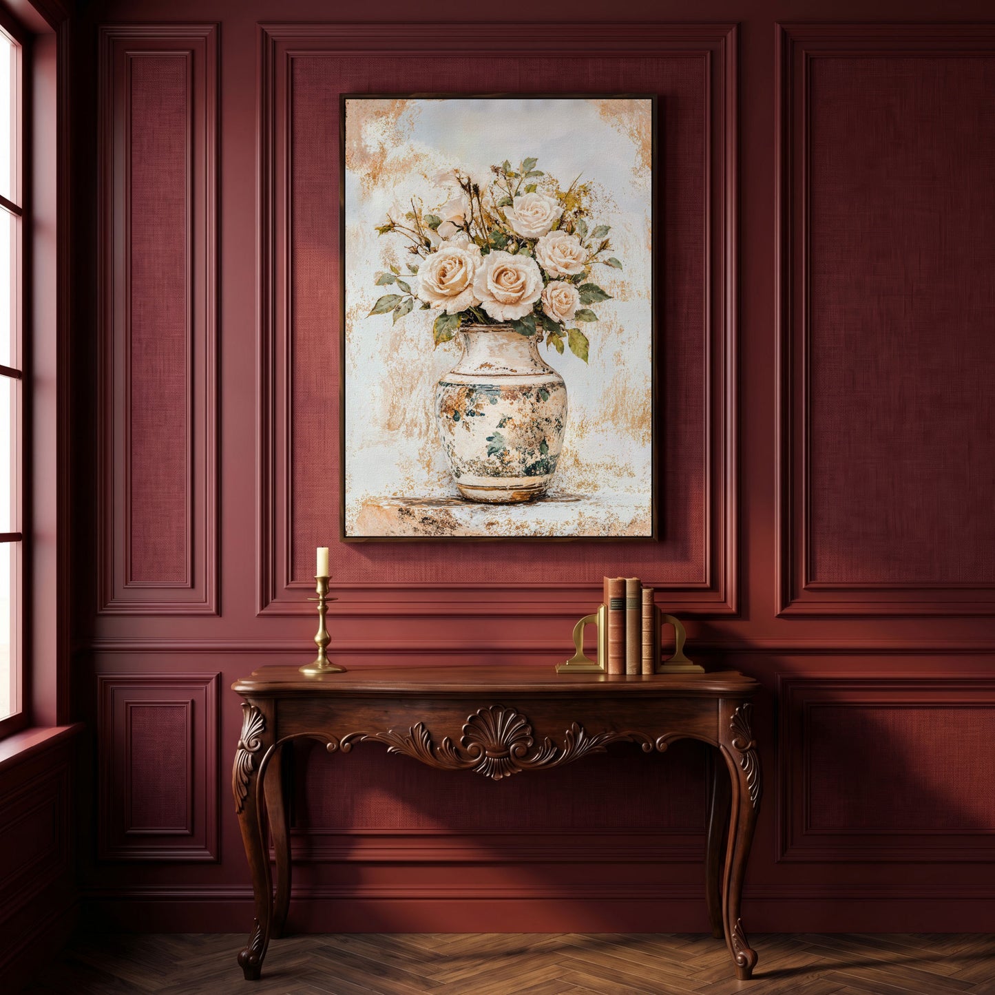 Roses in a Vase Canvas Print. Vintage Floral Still Life Wall Art in dark walnut floating frame
